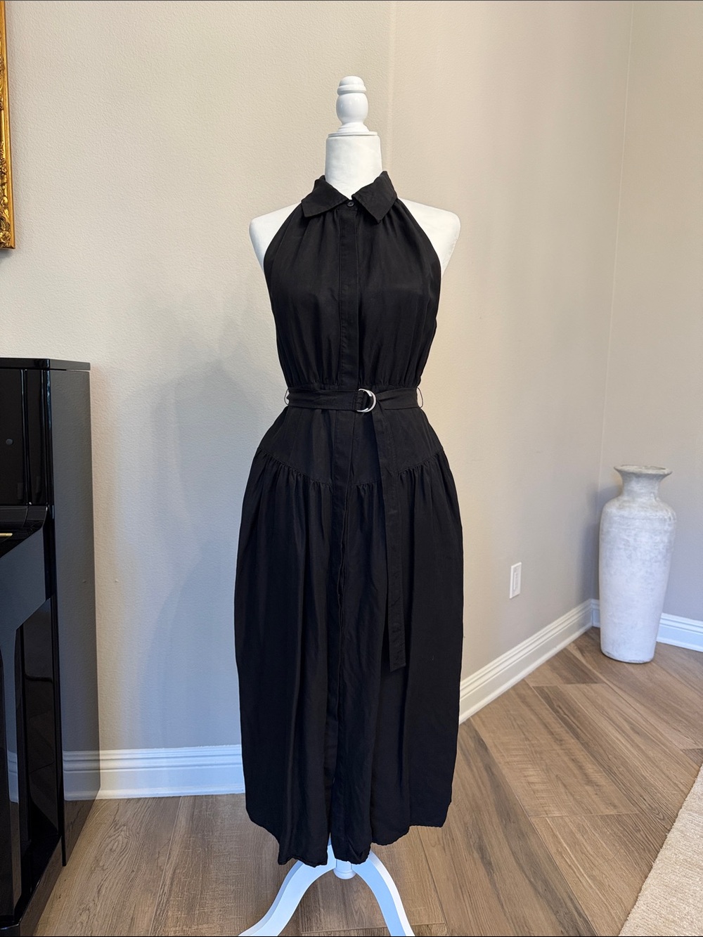 Classic One-Shoulder Black Midi Dress with D-Ring Belt